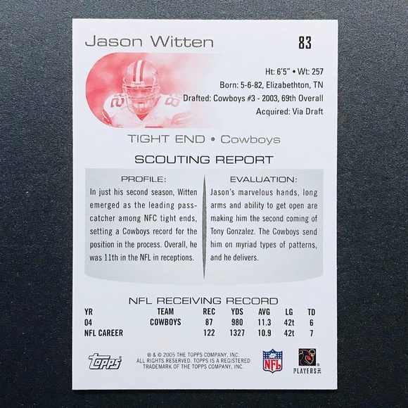Jason Witten - 2005 Topps Draft Picks and Prospects #83 - Picture 2 of 2